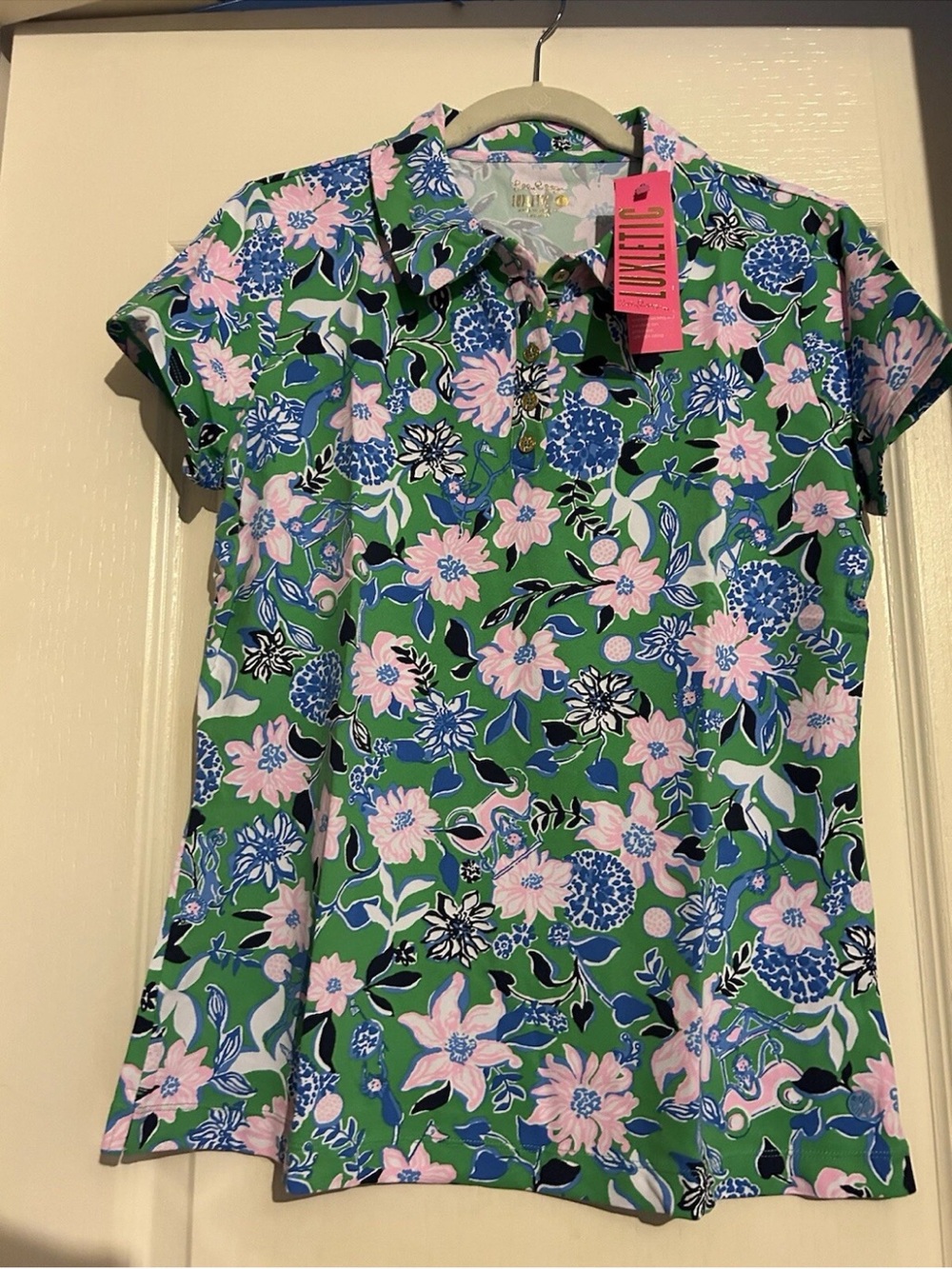 Lilly Pulitzer Luxletic Frida Polo Top Golf til You Drop large spearmint green
